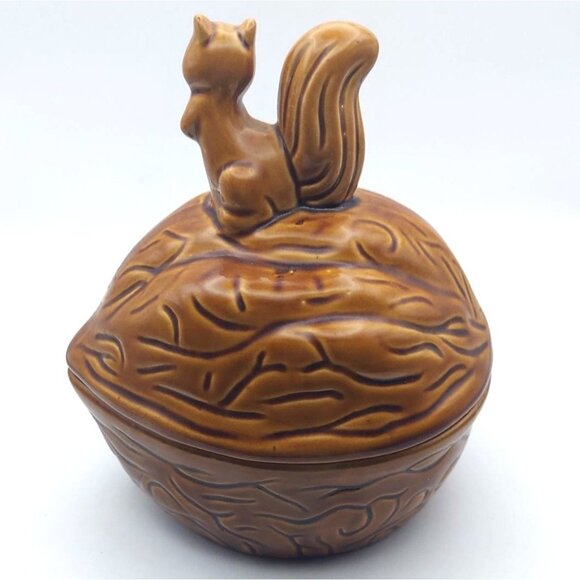 Vintage ROC Taiwan Glazed Ceramic Squirrel On Walnut Lidded Candy Dish - Picture 3 of 8
